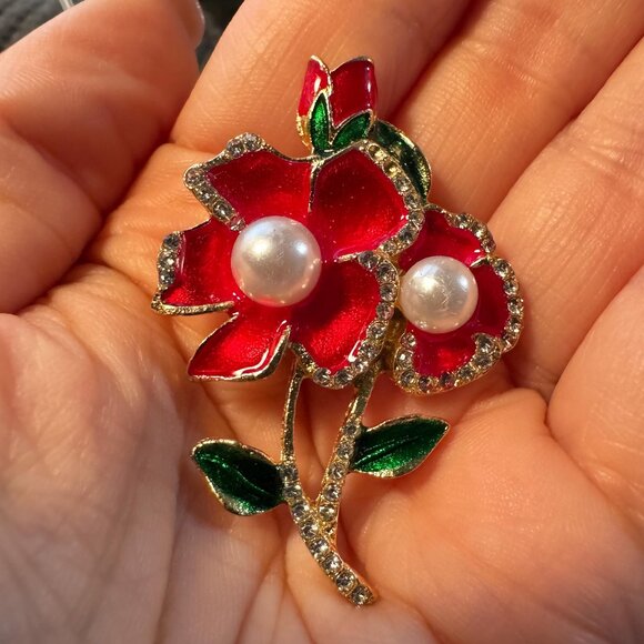 Red Enamel Flower Brooch With Faux Pearls and Rhinestones | Vintage Style Pin - Picture 1 of 3